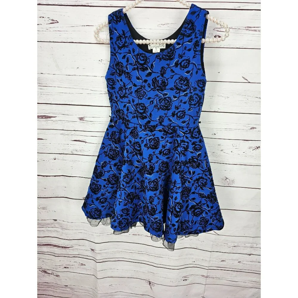 Knitworks Girls Blue Black Floral Sleeveless Dress Size 12‎
